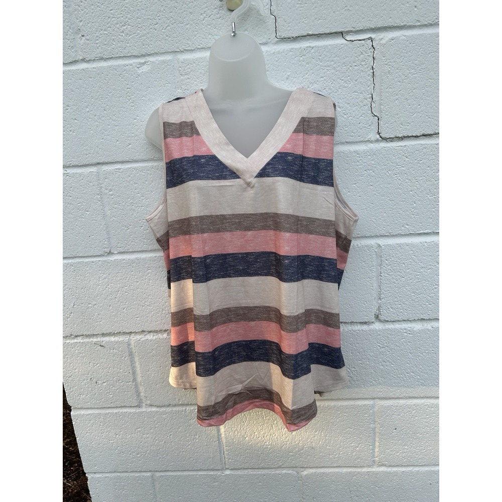 Womans Tank Top Loose Fit V Neck Flowy Sleeveless Top Coral Navy Tan Striped XXL